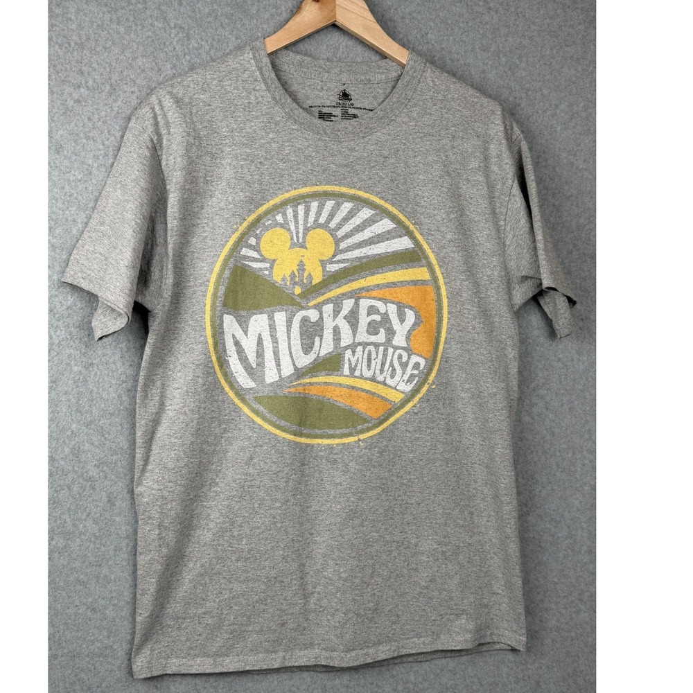 Disney T-Shirt Mens L Grey Mickey Mouse Sunrise Graphic Short Sleeve Tee